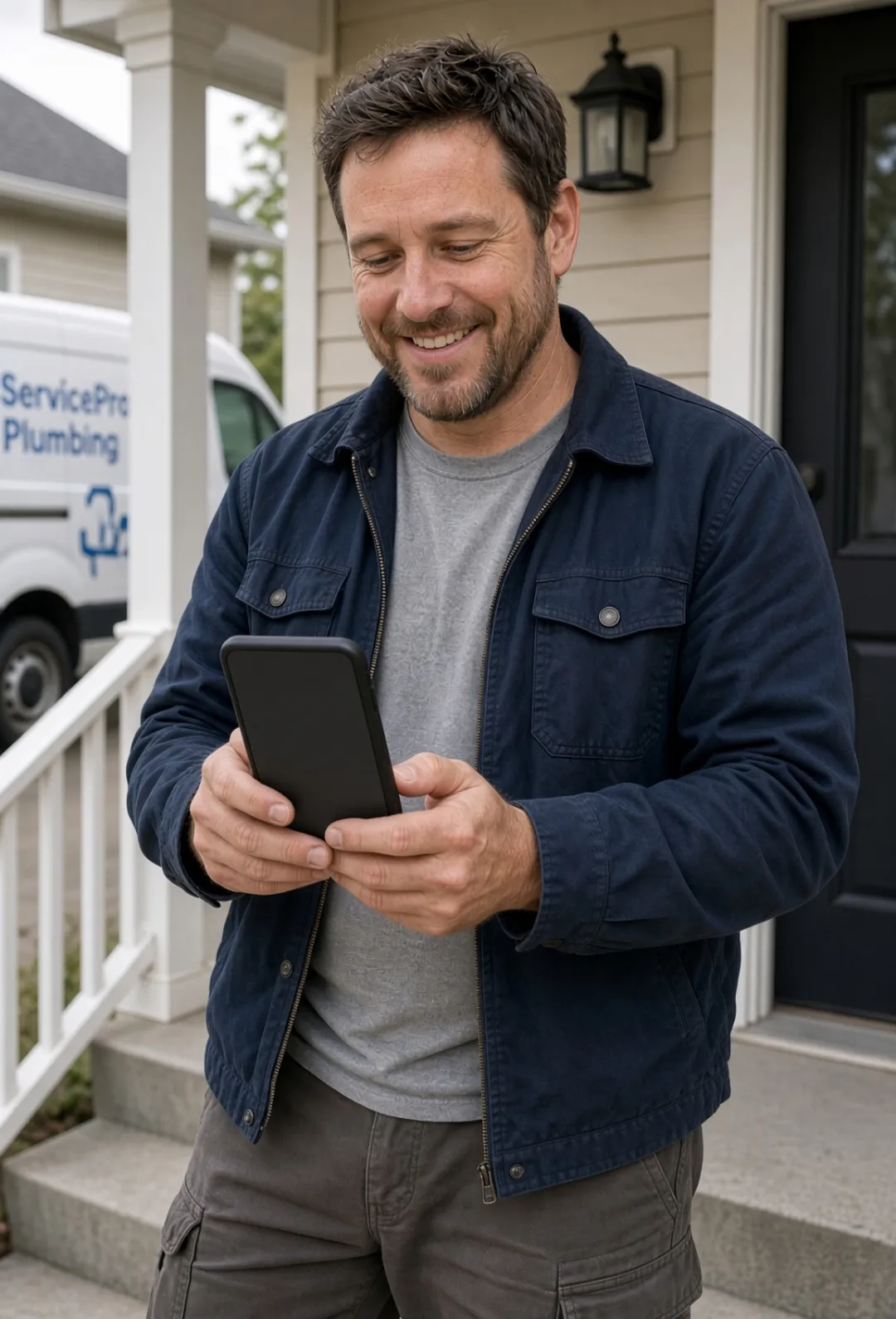 Plumber beside his service van checking a new job on his phone